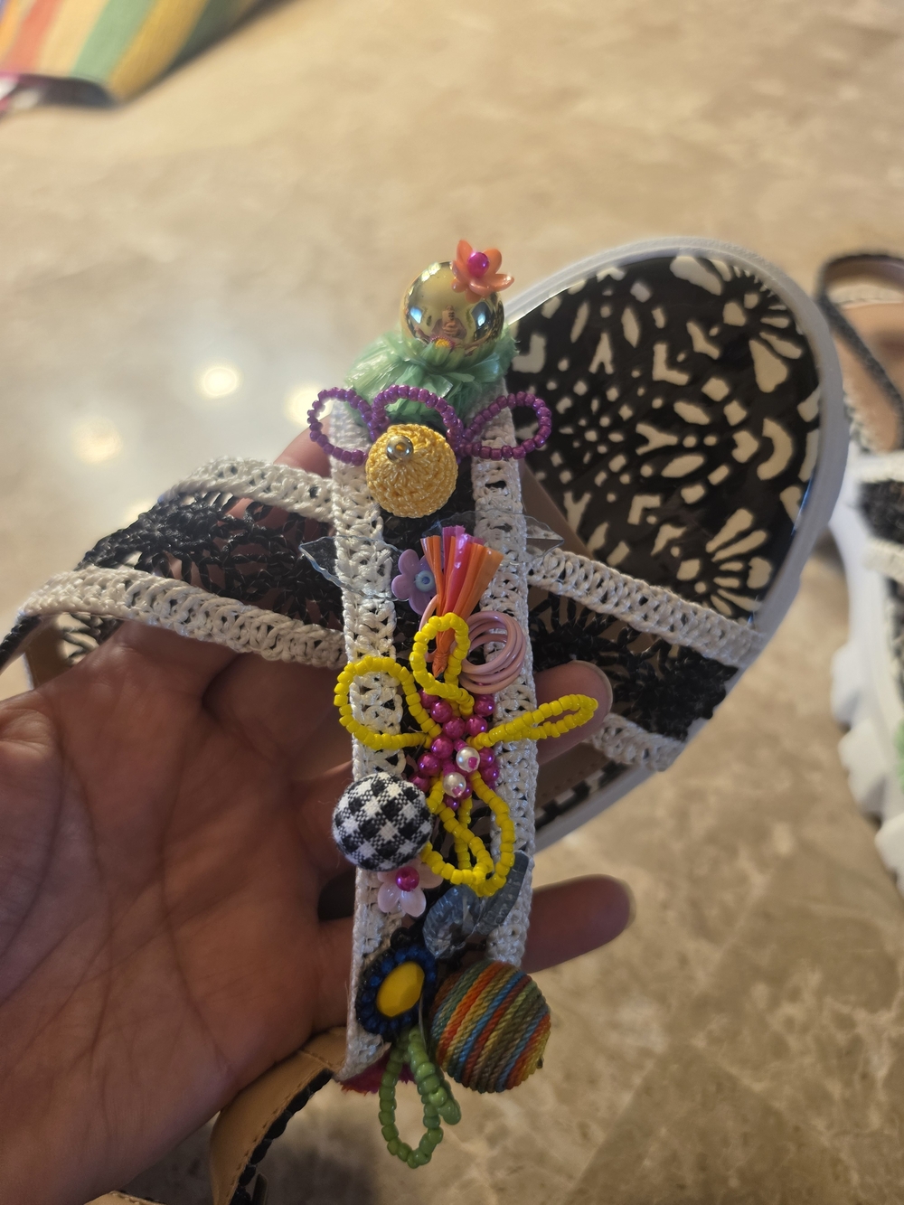 Betsey Johnson Black & White Crochet Platform Sandals with Colorful Bead Accents - Picture 3 of 8